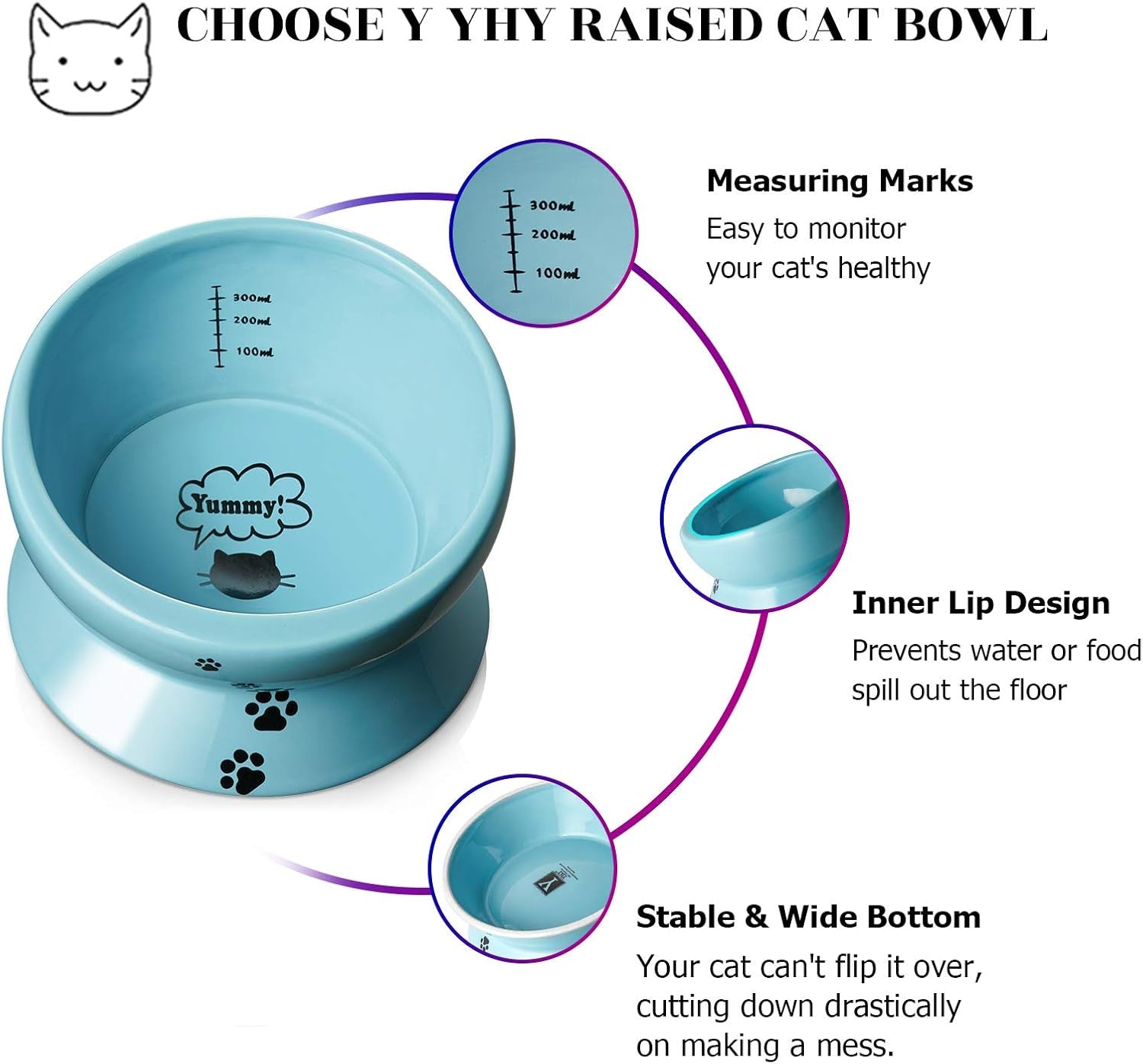 Elevated Cat Food Bowl, Raised Pet Food and Water Bowl, Cat and Small Dog Bowl, Tilted Ceramic Cat Water Bowl No Spill,15Oz, Dishwasher Safe