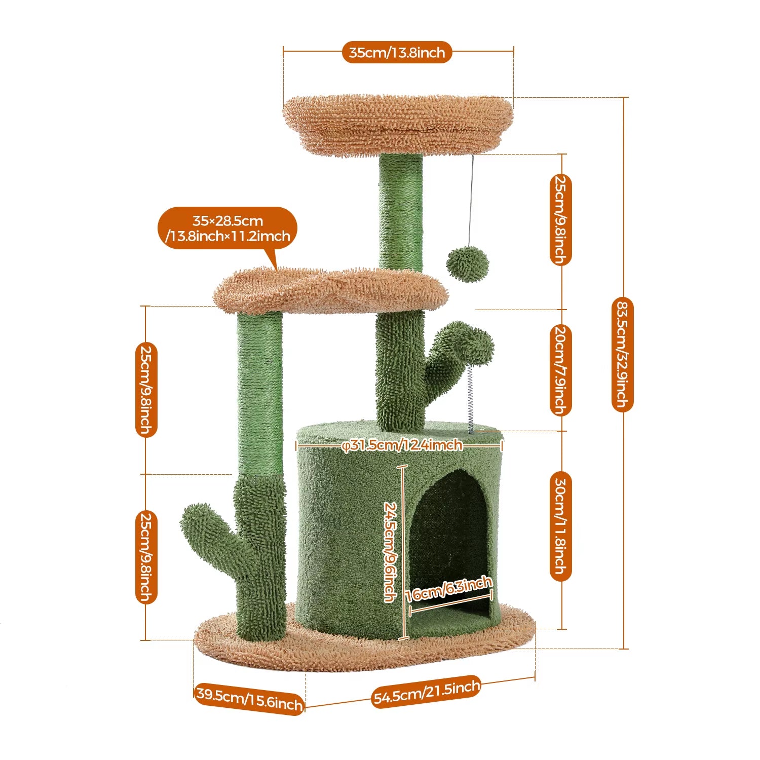 Cactus Cat Tree with Curved Perch Cozy Cat Condo Small Cat Tower with Removable Top Bed Cat Scratching Post for Indoor Cat Toys