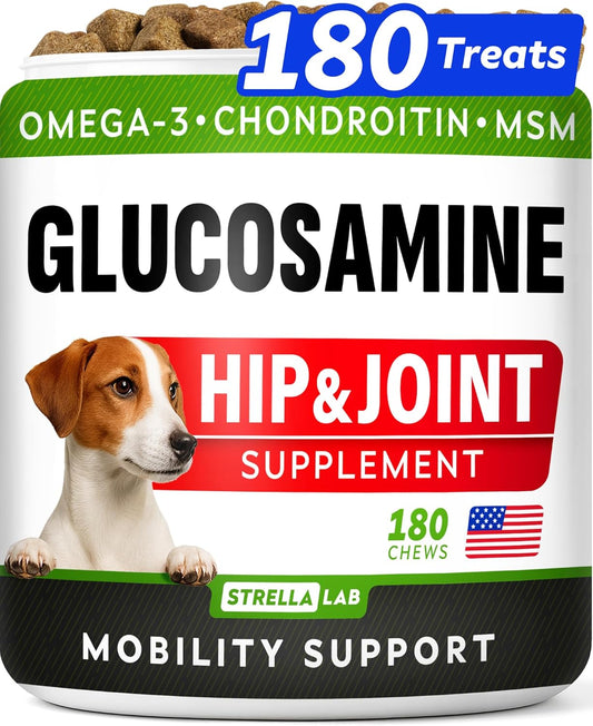Glucosamine Treats for Dogs - Joint Supplement W/Omega-3 Fish Oil - Chondroitin, MSM - Advanced Mobility Chews - Joint Pain Relief - Hip & Joint Care - Chicken Flavor - Made in USA