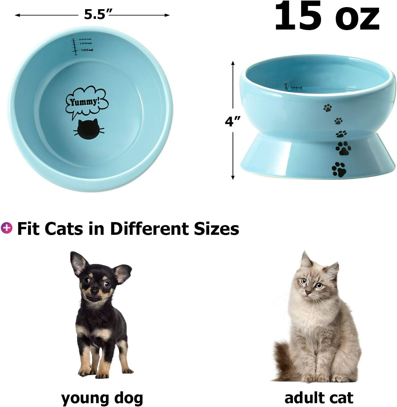 Elevated Cat Food Bowl, Raised Pet Food and Water Bowl, Cat and Small Dog Bowl, Tilted Ceramic Cat Water Bowl No Spill,15Oz, Dishwasher Safe