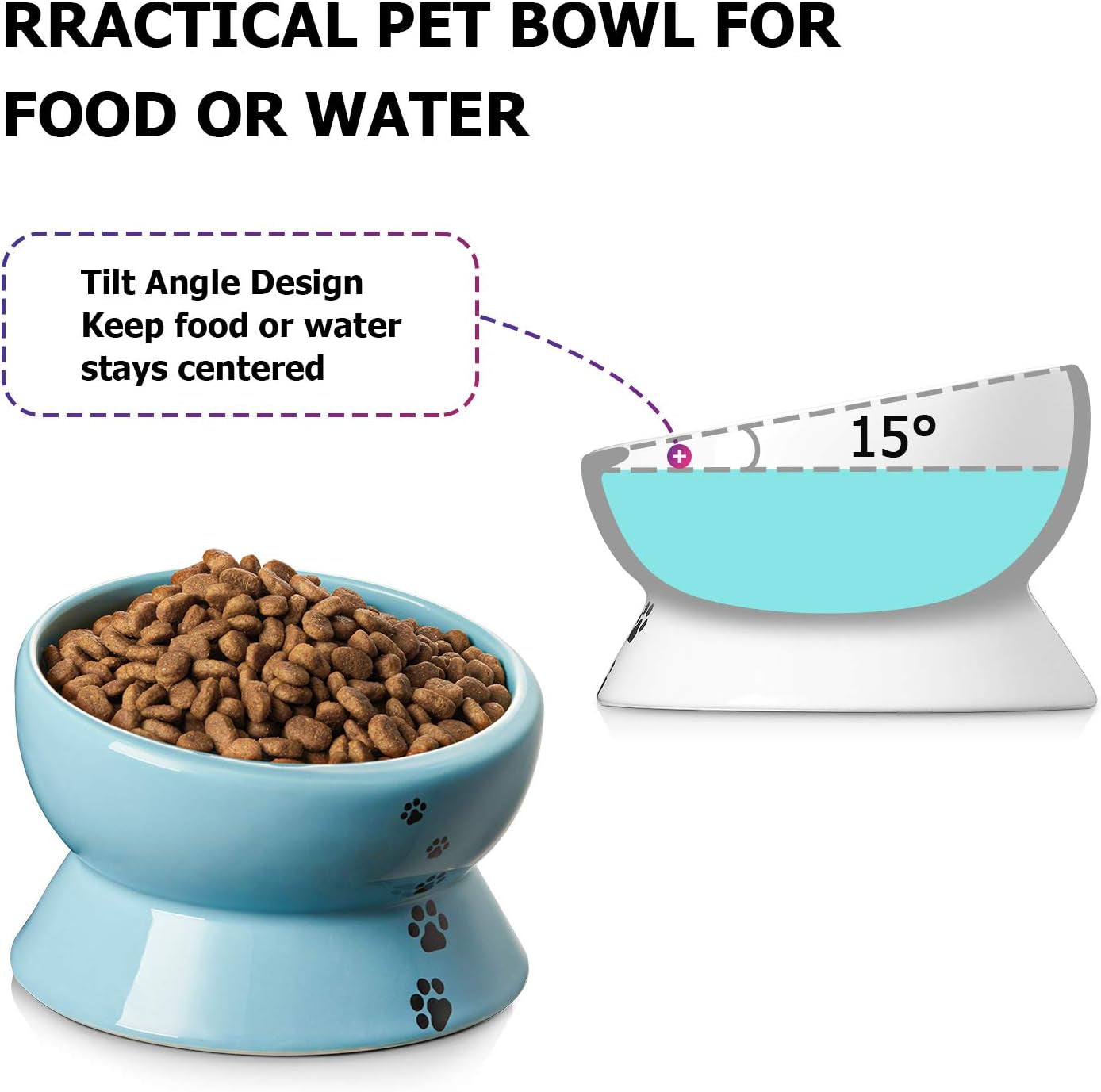 Elevated Cat Food Bowl, Raised Pet Food and Water Bowl, Cat and Small Dog Bowl, Tilted Ceramic Cat Water Bowl No Spill,15Oz, Dishwasher Safe