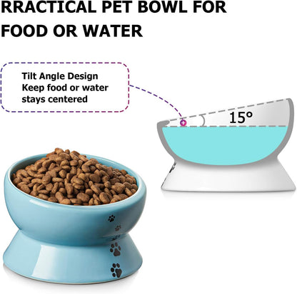 Elevated Cat Food Bowl, Raised Pet Food and Water Bowl, Cat and Small Dog Bowl, Tilted Ceramic Cat Water Bowl No Spill,15Oz, Dishwasher Safe