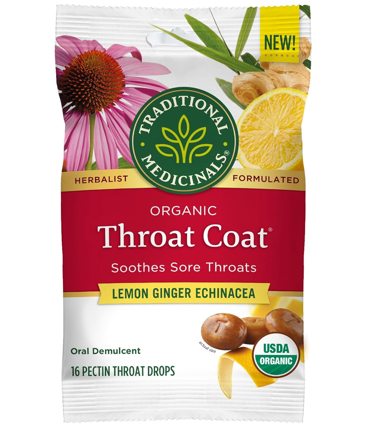 Throat Coat Organic Pectin Throat Drops, Lemon Ginger Echinacea, Soothes Sore Throats, 16Ct.